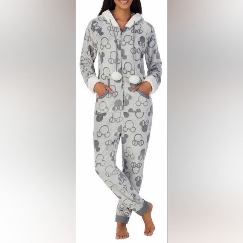 Disney MICKEY/MINNE Patterned Pajama Adult Zip Up Onsie W/ Hood